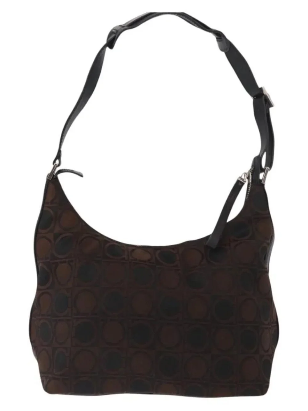 Salvatore Ferragamo Gancini Shoulder Bag Nylon Brown Silver Auth BA9517